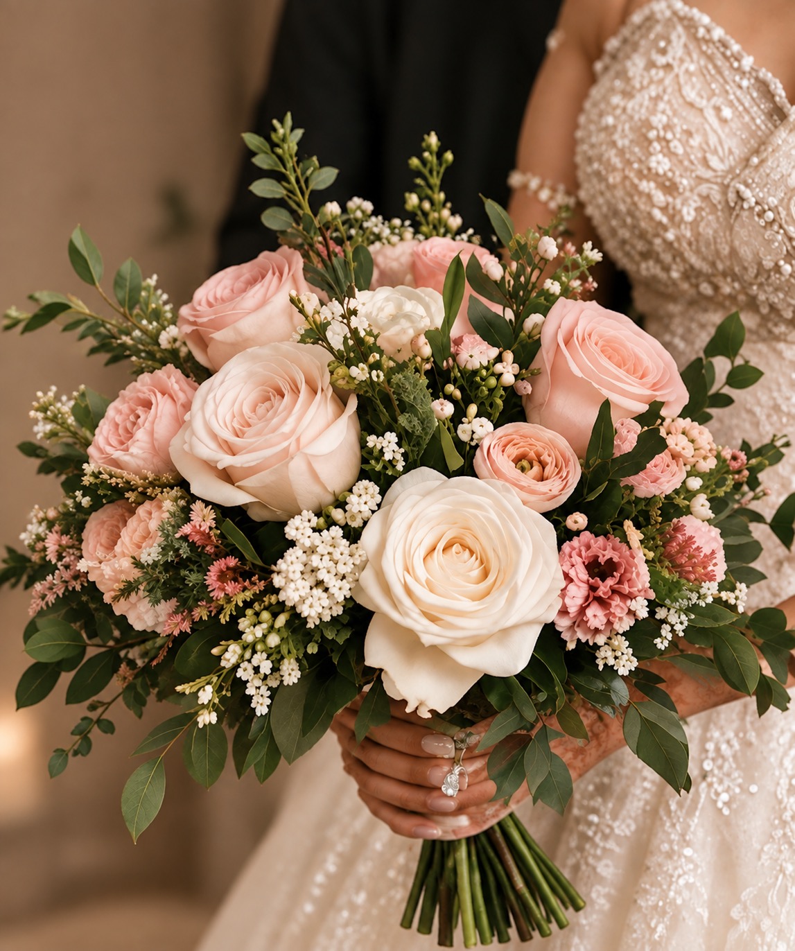 Bride holding a soft pink and white rose bouquet