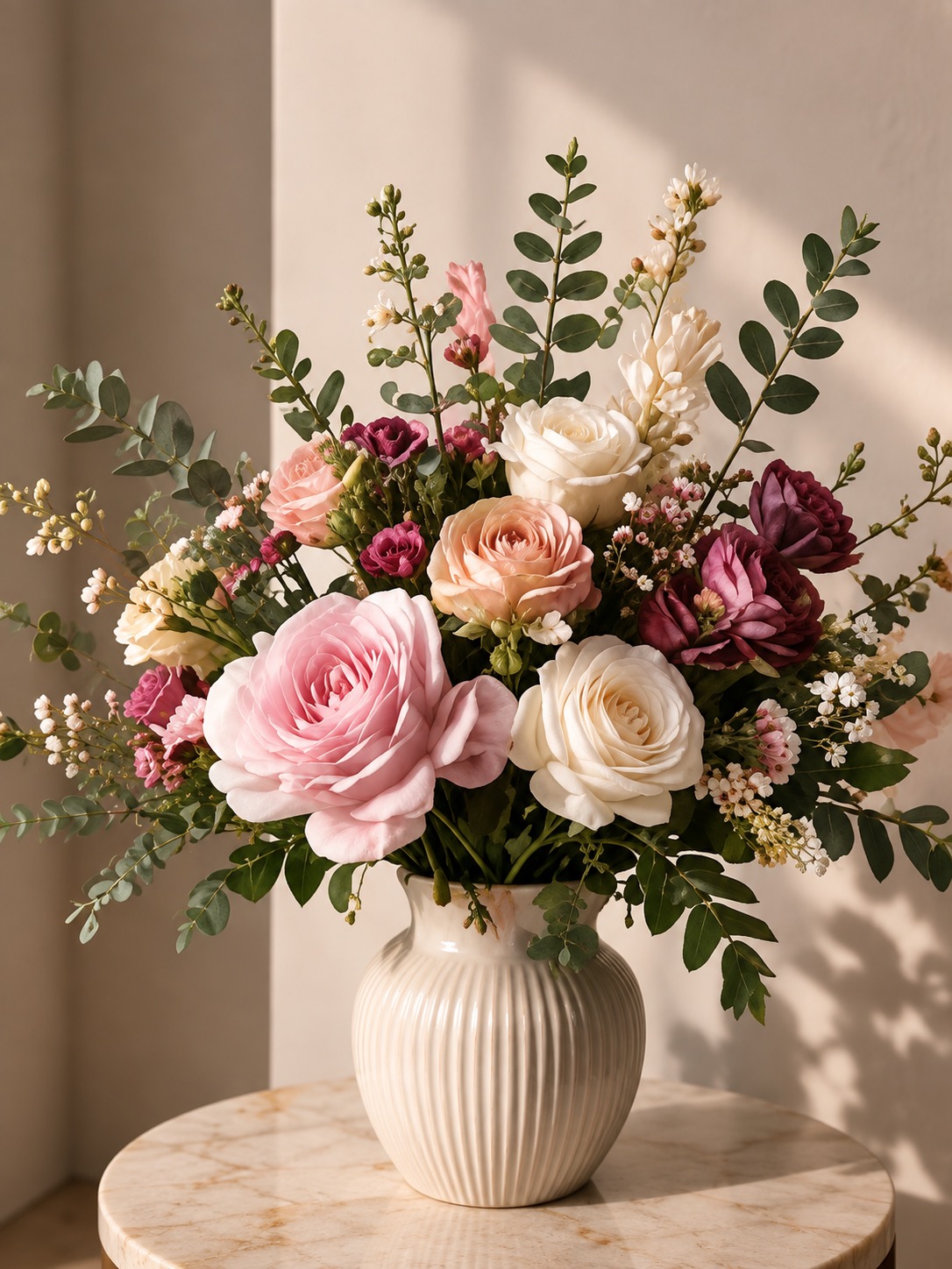 Custom floral arrangement in a white vase