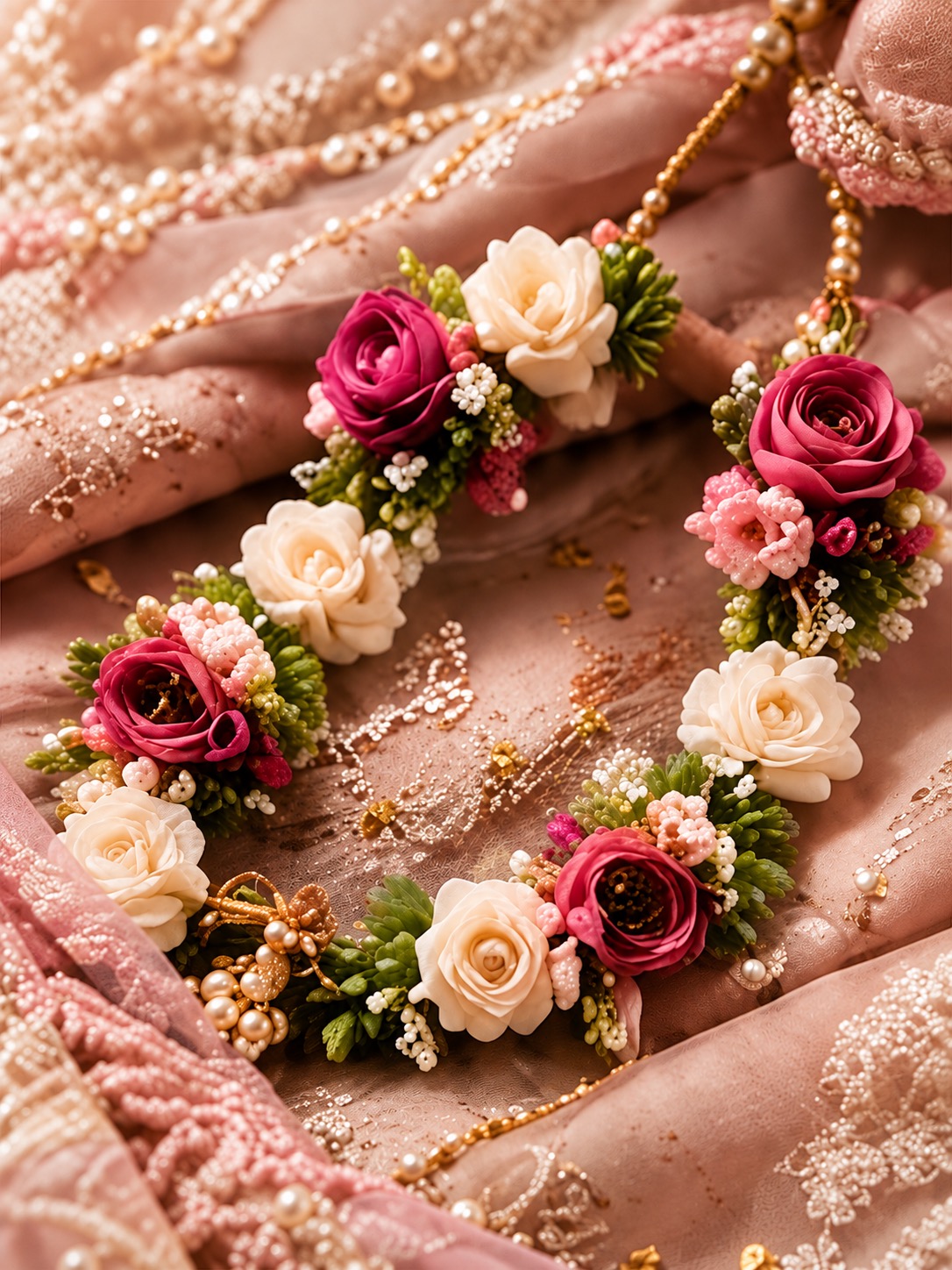 Delicate floral jewelry of pink and white roses