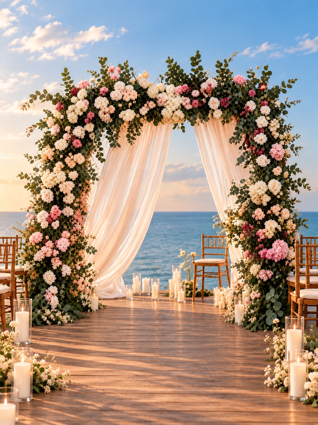 Coastal wedding floral arch with soft pink blooms and ocean view