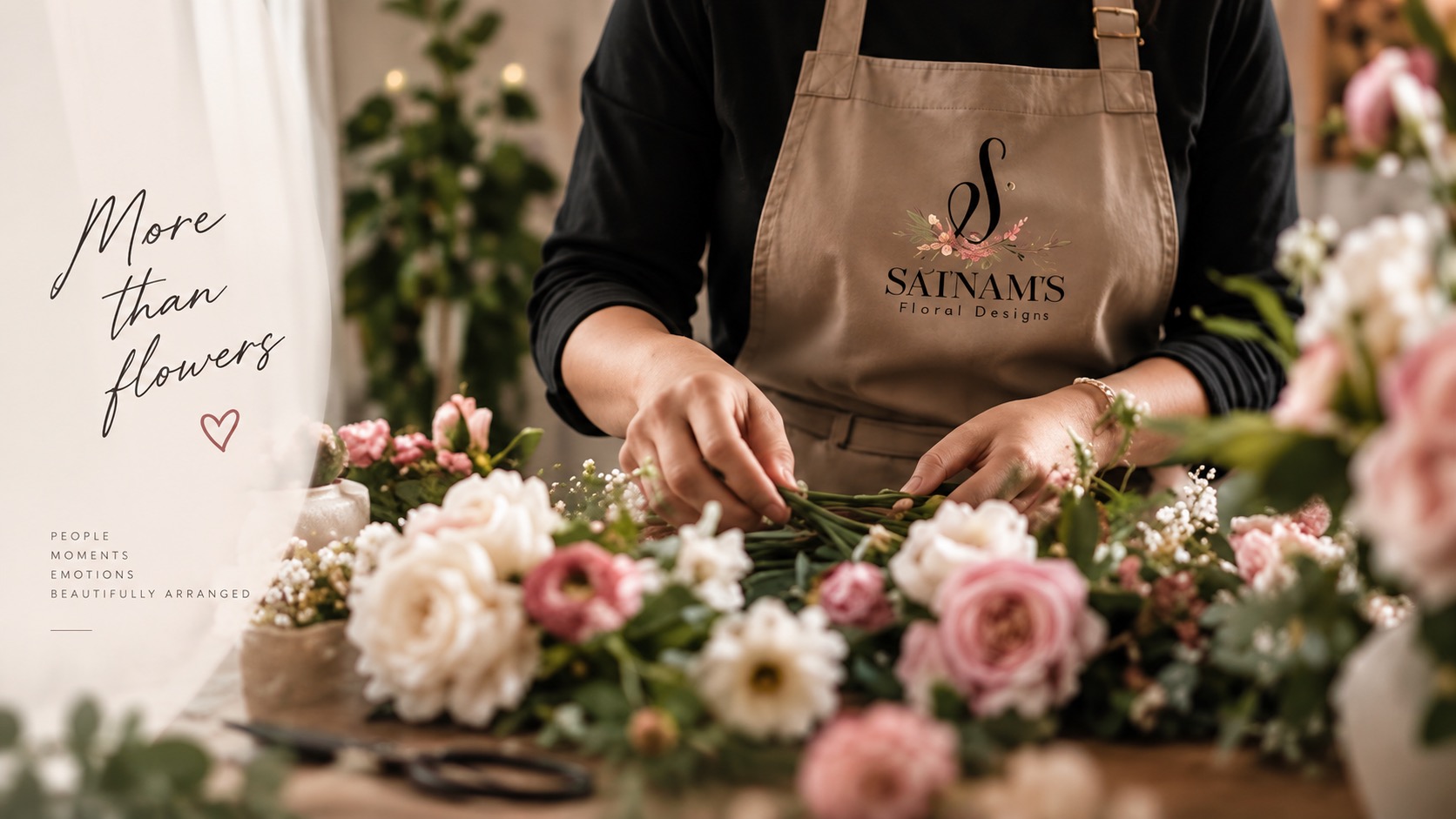 Hands crafting a floral arrangement